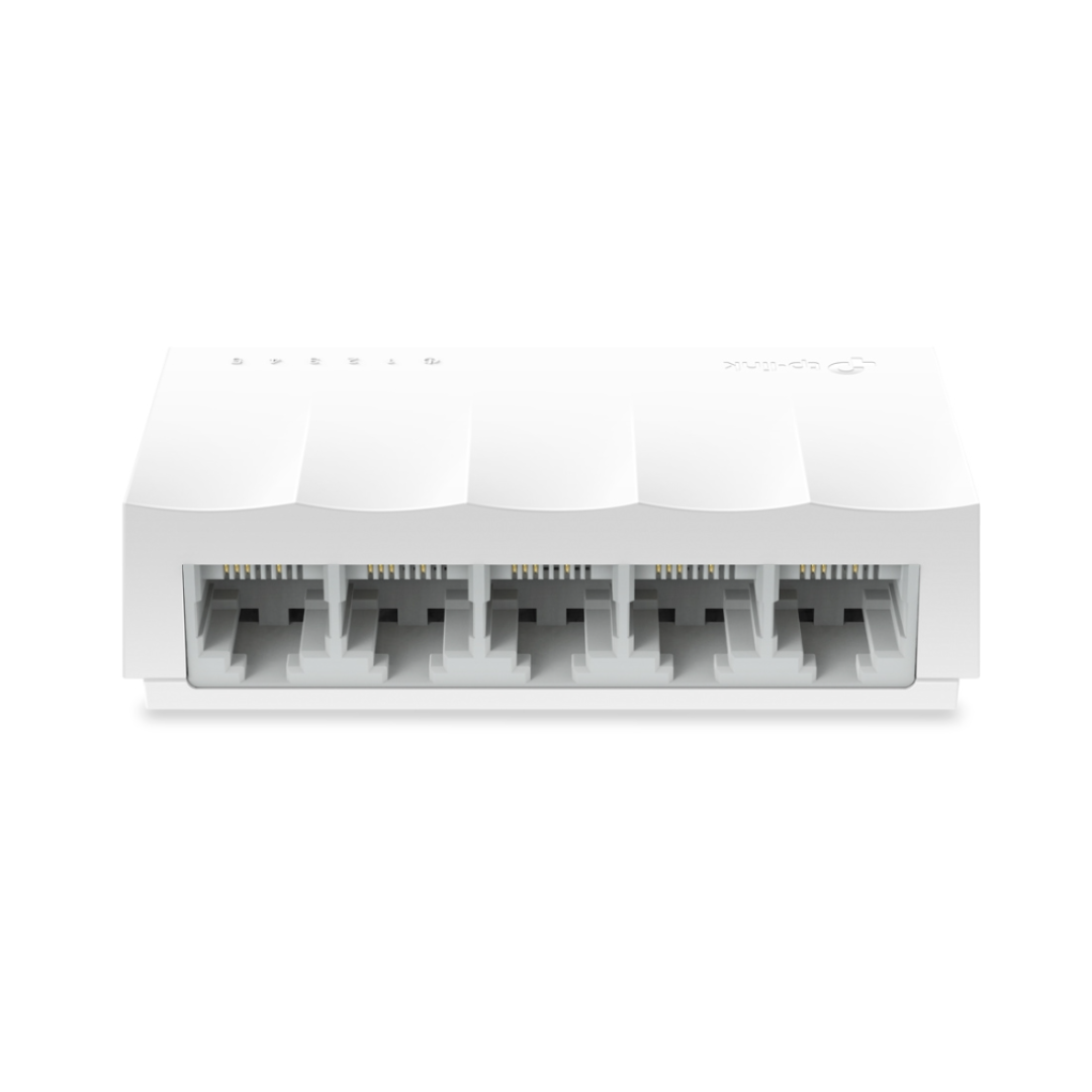 White Ethernet switch with four ports on a white background